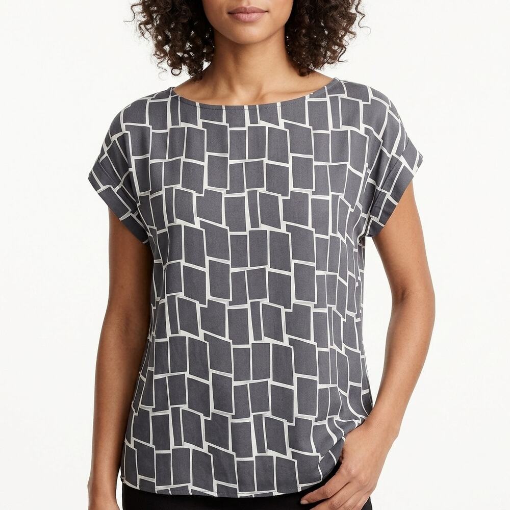 Ann Taylor Gray Geometric Print Boat Neck Cap Sleeve Blouse Women Size 14